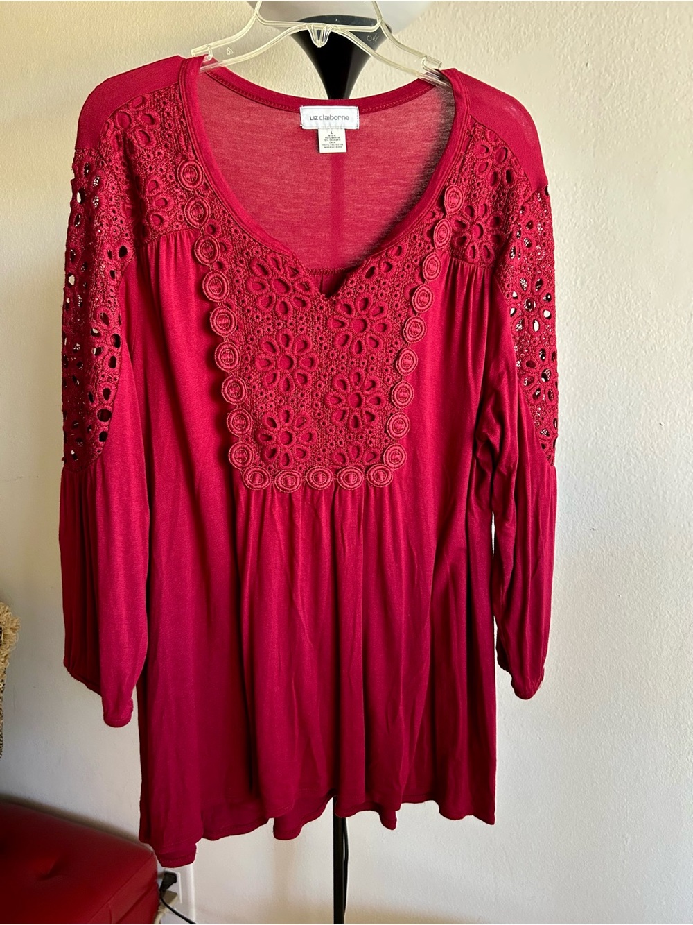 Liz Claiborne Deep Red Crochet-Trim Long Sleeve Tunic Dress